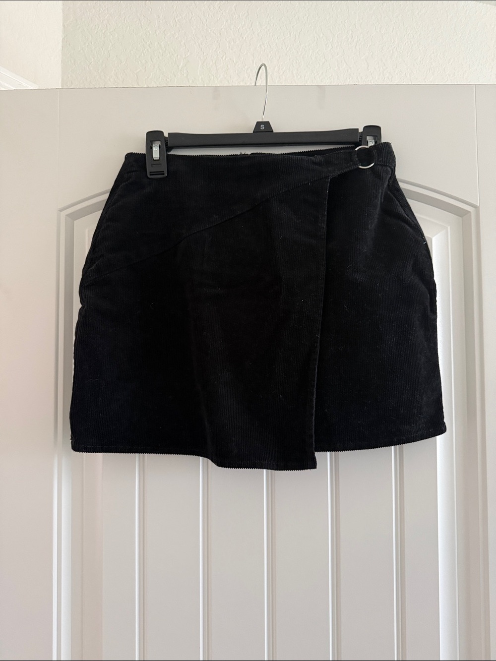 SO Black Corduroy Wrap-Style Mini Skirt with Ring Detail